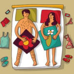 cartoon couple in bed thinking How Can A Woman Increase Her Sex Drive
